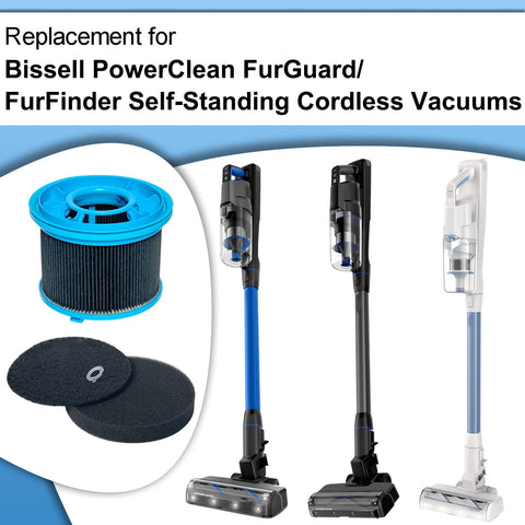 HEPA Vacuum Filter Kit Replacement For PowerClean FurGuard 280W And FurFinder 200W Self-Standing Cordless Vacuum shown with vacuums