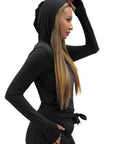 Women's Hooded Underscrub Shirt For Healthcare Pros Black Nurse Jacket With Slim Tailoring and Soft Breathable Material side profile view.