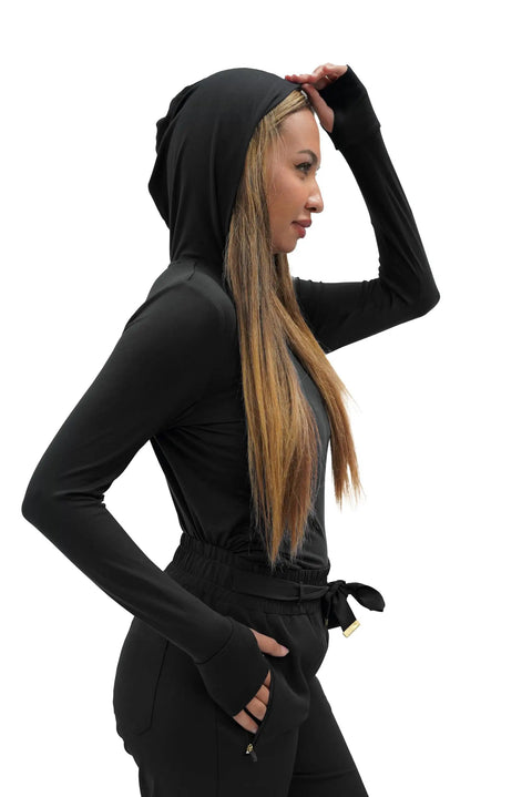 Women's Hooded Underscrub Shirt For Healthcare Pros Black Nurse Jacket With Slim Tailoring and Soft Breathable Material side profile view.