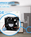 Refrigerator Evaporator Fan Motor DC 13.6V 0.16A Replacement For GE Models WR60X29099 WR60X24723 WR60X20880 WR60X26281 Fits Most Side By Side Fridges Easy Install And Quiet Operation shown with a fridge in the background.