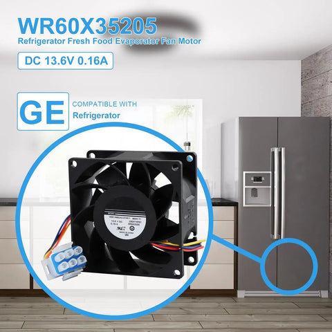 Refrigerator Evaporator Fan Motor DC 13.6V 0.16A Replacement For GE Models WR60X29099 WR60X24723 WR60X20880 WR60X26281 Fits Most Side By Side Fridges Easy Install And Quiet Operation shown with a fridge in the background.