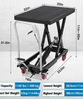 Garvee Heavy Duty Hydraulic Lift Table Cart, 1100 Lbs Capacity Scissor Hoist dimensions labeled for material handling.