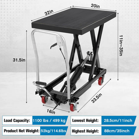 Garvee Heavy Duty Hydraulic Lift Table Cart, 1100 Lbs Capacity Scissor Hoist dimensions labeled for material handling.