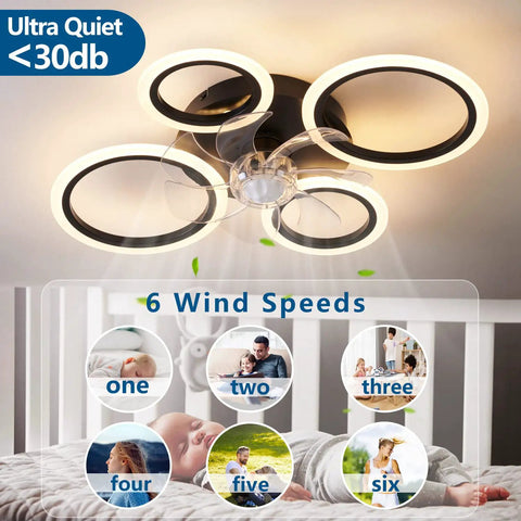 26 Inch Geometric Ceiling Fan With Lights Remote Control Bladeless Low Profile Design For Kitchen And Bedroom Three Color Temperature