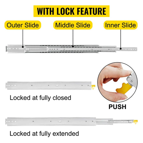 Heavy Duty 48 Inch Drawer Slides, Locking, 500 Lb Load, Side Mount Ball Bearing Glides, Full Extension, 1 Pair, Cold Rolled Steel, Anti Rust And Wear Resistant Construction showing lock positions and push release