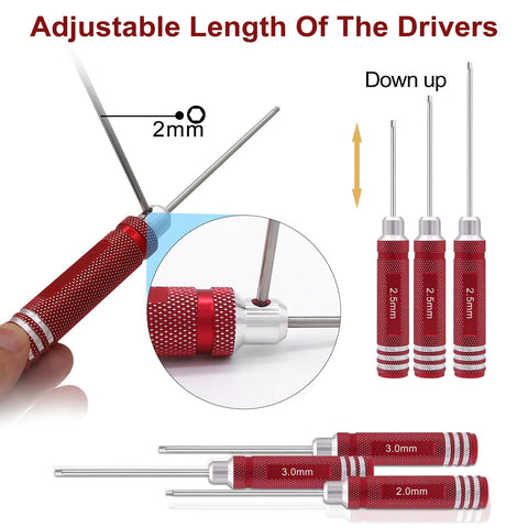 Must Have 19 Piece RC Car Tool Kit with adjustable red hex screwdrivers showcasing 2mm and 2.5mm sizes.
