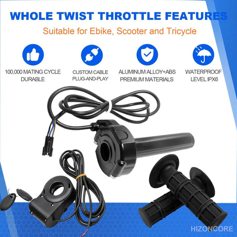 Full Twist Ebike Throttle With Rolling Bearing And 59 Inch Cable, Plug And Play Grip Kit For Electric Dirt Bikes With Ignition Switch