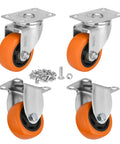 Heavy Duty 3 Inch Caster Wheels Set Of 4 With 2 Swivel And 2 Rigid Ball Bearing Casters, orange polyurethane wheels and metal mounts.