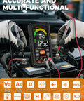 True RMS 10000 Counts Digital Multimeter With Rechargeable Battery in use testing car battery voltage.