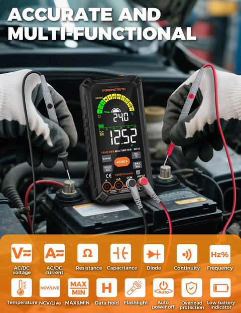 True RMS 10000 Counts Digital Multimeter With Rechargeable Battery in use testing car battery voltage.