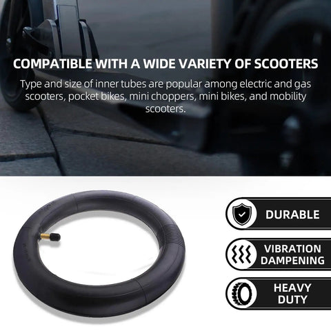 Top view of 2 Pack 8.5 Inch By 2 Inch Scooter Inner Tubes For 50 75 6.1 Tire Size Fit Electric And Gas Scooters, with features list.