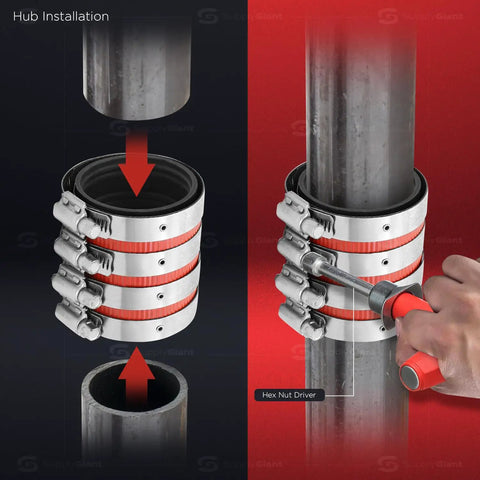 Hub installation process for Rugged Beefy Heavy Duty Stainless Steel No Hub Coupling 12 Inch Red Shield for Cast Iron DWV pipe.