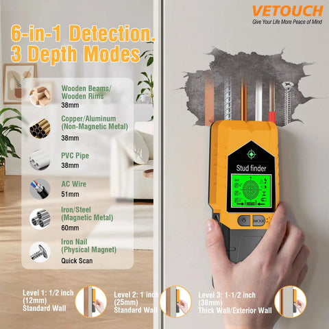 Zero Guesswork Required On This Built Tough 6 In 1 Wall Scanner Plus Stud Detector Featuring Easy LCD Screens And Audible Alerts For Finding Wood Metal Ac Wires And Pipes Inside Ceilings Or Walls Orange