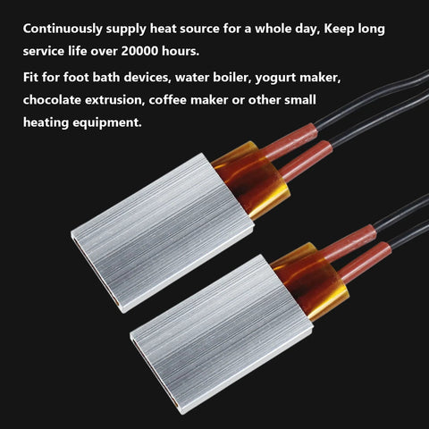 Two aluminum-shell PTC heating elements angled, with orange ceramic cores and attached wires