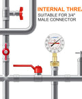 Water pressure gauge on stainless steel plumbing; front view, red valve handles; 2.5-inch dial, 3/4-inch female.