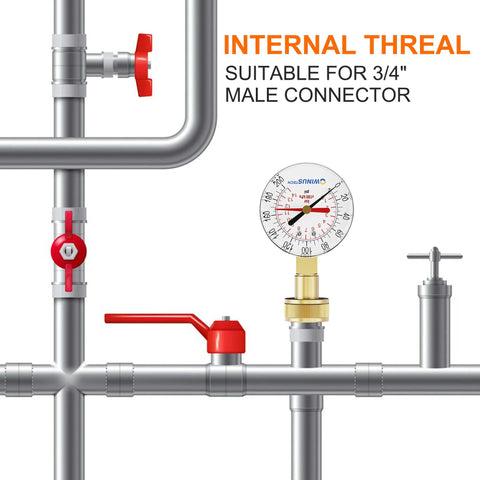 Water pressure gauge on stainless steel plumbing; front view, red valve handles; 2.5-inch dial, 3/4-inch female.