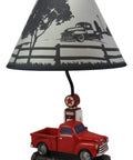 Vintage Old Fashioned Big Red Pickup Truck Table Lamp With Old School Gas Pump Vibe Desktop Home Decor For Country Farmhouse Shelves Hand Painted Polyresin 18.75 Inch Tall Nostalgic Lighting Accent