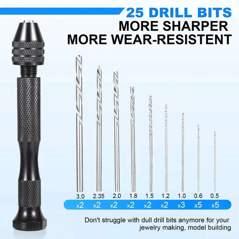 Front view: 26-piece micro drill bit set with pin vise hand drill; silver steel bits 0.5–3.0 mm