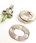 Heavy duty turn button fasteners made of stainless steel with backing plates and screws for securing canvas gear, ideal for adventures.