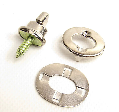 Heavy duty turn button fasteners made of stainless steel with backing plates and screws for securing canvas gear, ideal for adventures.