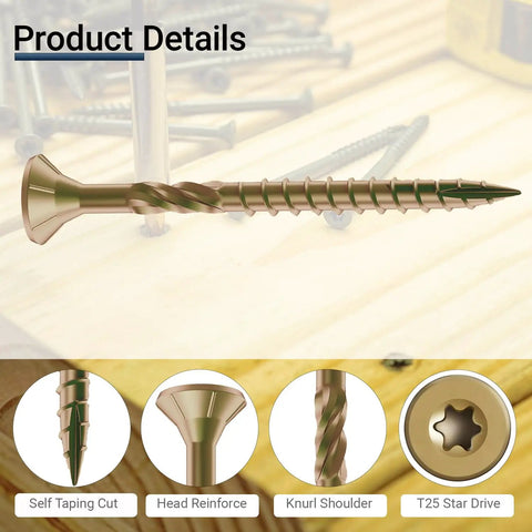 Three Inch Deck Screws No 10 Rust Resistant Brown Epoxy Coated For Outdoor Wood Projects With Torx Star Drive T25 Bit