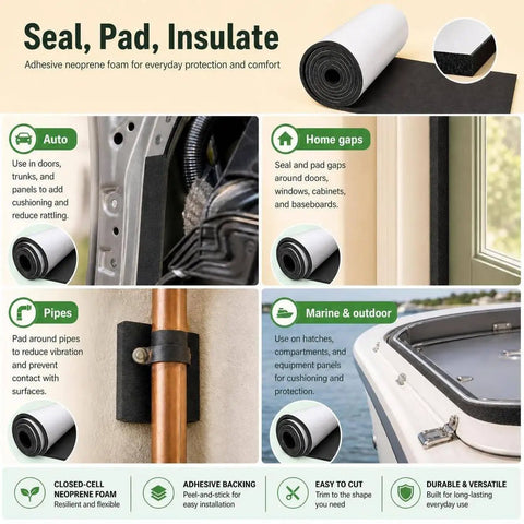 Heavy Duty Neoprene Foam Sheet With Knockout Grip Adhesive Backing For Straight Up Tough Shock Absorption And Slick Weather Seal Cuts Clean To Fit Any Garage Or Workshop Setup Today in various applications for auto, home, and marine use.