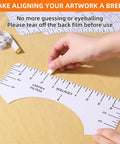 Hands using a ruler from the T Shirt Alignment Tool Set, Handy Vinyl Heat Press Kit With Eight Rulers, Soft Measuring Tape, Forty Color Pins, And Front Back Ruler Design For Round And V Neck Cuts, PVC Vinyl Heat Press Accessories For Adult, Youth, And Children on yellow fabric.