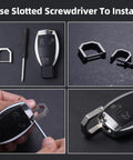 Rock Solid Titanium D Ring Keyholder With Hella Secure Crossbar Mount For Thick Car Ignition Fobs Pocket Knives And Daily EDC Essentials Featuring Smooth Sandblasted Finish installation process with keys and screws.