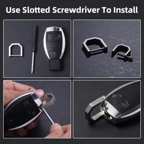 Rock Solid Titanium D Ring Keyholder With Hella Secure Crossbar Mount For Thick Car Ignition Fobs Pocket Knives And Daily EDC Essentials Featuring Smooth Sandblasted Finish installation process with keys and screws.
