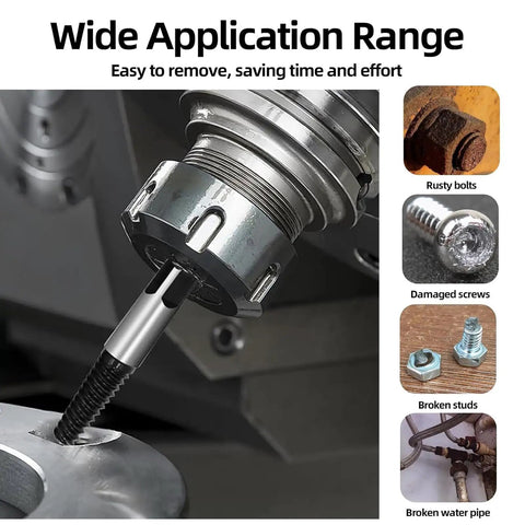 6 Piece Screw Extractor Set Made From 35CrMo Steel With Spiral Groove extracting a screw, shown in various uses.