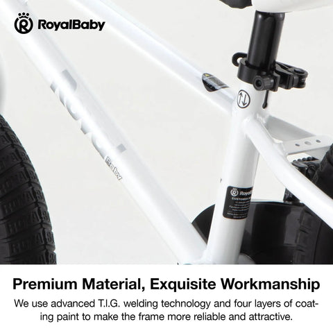 Close-up of white frame Freestyle 16 Inch Kids Bike For Boys And Girls, BMX Style Ride with tire detail and logo visible.