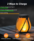 Gen2 Solar Lanterns Outdoor With Ultra Real Flame, USB And Solar Dual Charging, on table, ambient flame effect at night