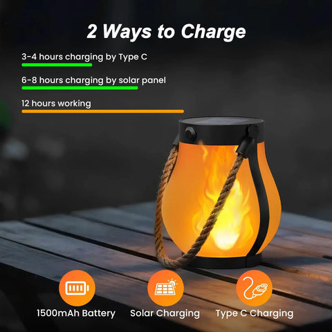 Gen2 Solar Lanterns Outdoor With Ultra Real Flame, USB And Solar Dual Charging, on table, ambient flame effect at night