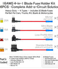 36 Piece Add A Circuit Fuse Tap Kit For 12V Automotive Wiring, showing standard, mini, low profile, micro2 fuse adapters