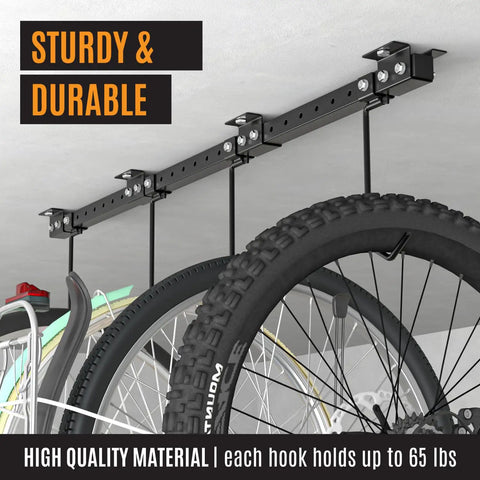 Adjustable Ceiling Mounted Bike Rack for Garage Holds 4 To 8 Bikes in Tight Spaces With 8 Adjustable Hooks Heavy Duty Steel