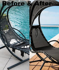 Before and after of Heavy Duty Replacement Mesh With Rope Kits For Hanging Lounge Chair Curved Chaise Outdoor Patio Waterproof Black With Storage Bag And 350 Lbs Capacity showing worn and new mesh by a poolside.