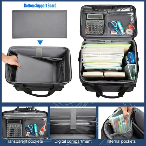 Open Detachable Wheels Rolling Teacher Tote Bag with books, calculator, and stationery; 15.6 inch laptop compartment view.