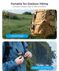 Person hiking with 2-In-1 Indoor Outdoor Thermometer Hygrometer With IP65 Waterproof Rating clipped to backpack.