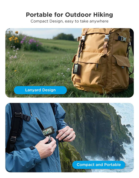 Person hiking with 2-In-1 Indoor Outdoor Thermometer Hygrometer With IP65 Waterproof Rating clipped to backpack.
