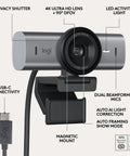 Game Changing 4K Webcam Built For Seamless Hustle Ready Video Calls Optimized For Teams Zoom Google Meet With Zero Friction Remote Setup And Hassle Free Usb Plug In Graphite showing privacy shutter, 4K lens, USB-C connection.