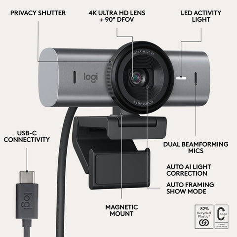Game Changing 4K Webcam Built For Seamless Hustle Ready Video Calls Optimized For Teams Zoom Google Meet With Zero Friction Remote Setup And Hassle Free Usb Plug In Graphite showing privacy shutter, 4K lens, USB-C connection.