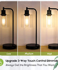 Set Of 2 Industrial Wireless Charging Desk Lamps With 3 Way Touch Control Dimmable Lighting USB Port Bedside Nightstand Lamps Hanging Seeded Glass Shade Ideal For Office Bedroom Or Living Room Bulb Included showing three brightness levels