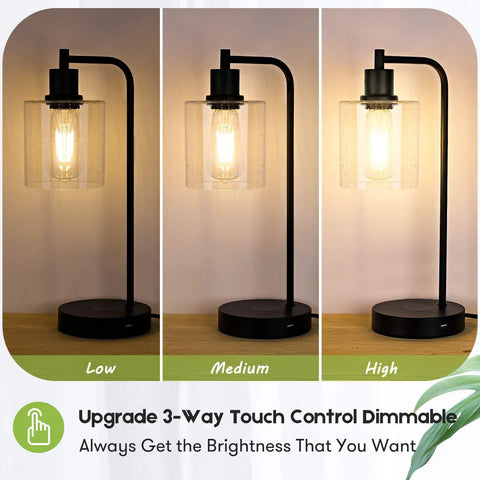 Set Of 2 Industrial Wireless Charging Desk Lamps With 3 Way Touch Control Dimmable Lighting USB Port Bedside Nightstand Lamps Hanging Seeded Glass Shade Ideal For Office Bedroom Or Living Room Bulb Included showing three brightness levels