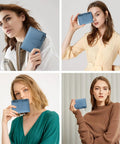 Women holding Compact Everyday Wallet For Women With RFID Blocking Soft Cowhide Leather Bifold Card Holder Slim Yet Roomy