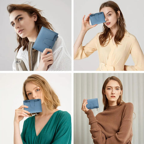 Women holding Compact Everyday Wallet For Women With RFID Blocking Soft Cowhide Leather Bifold Card Holder Slim Yet Roomy