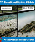 Comparison of standard screen and Glas-Shield showing how Super Tough Vinyl Mesh Roll Delivers Hella Private Screens For Pool Enclosures And Lanais Lets In Sunlight And Breeze While Blocking Annoying Pests No Sweat DIY Setup Ultimate Backyard Glow Up.