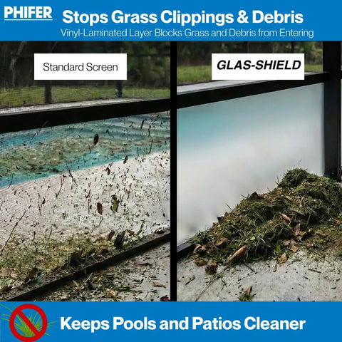 Comparison of standard screen and Glas-Shield showing how Super Tough Vinyl Mesh Roll Delivers Hella Private Screens For Pool Enclosures And Lanais Lets In Sunlight And Breeze While Blocking Annoying Pests No Sweat DIY Setup Ultimate Backyard Glow Up.