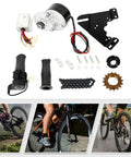 24V 250W Electric Bicycle Motor Kit With 16 Tooth Rear Sprocket For 16 To 28 Inch Tires Universal Diy E Bike Conversion Set components laid out.
