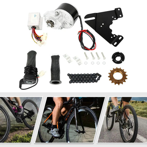 24V 250W Electric Bicycle Motor Kit With 16 Tooth Rear Sprocket For 16 To 28 Inch Tires Universal Diy E Bike Conversion Set components laid out.