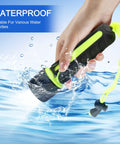 Hand holding Diving Flashlight Waterproof 8000LM LED Scuba Underwater Torch Light Lamp 50M Range, splashing in water